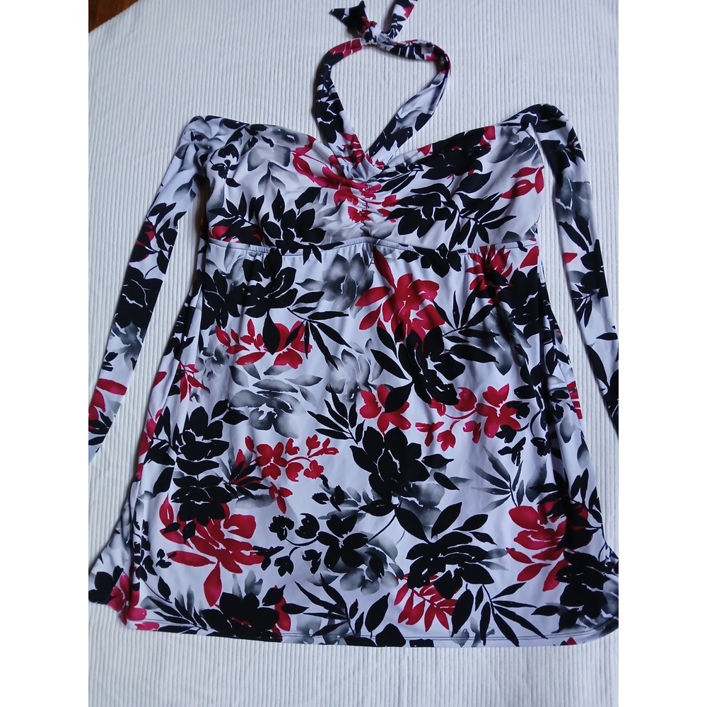 Catalina Women XL Floral Halter Swimsuit Red Black White One piece